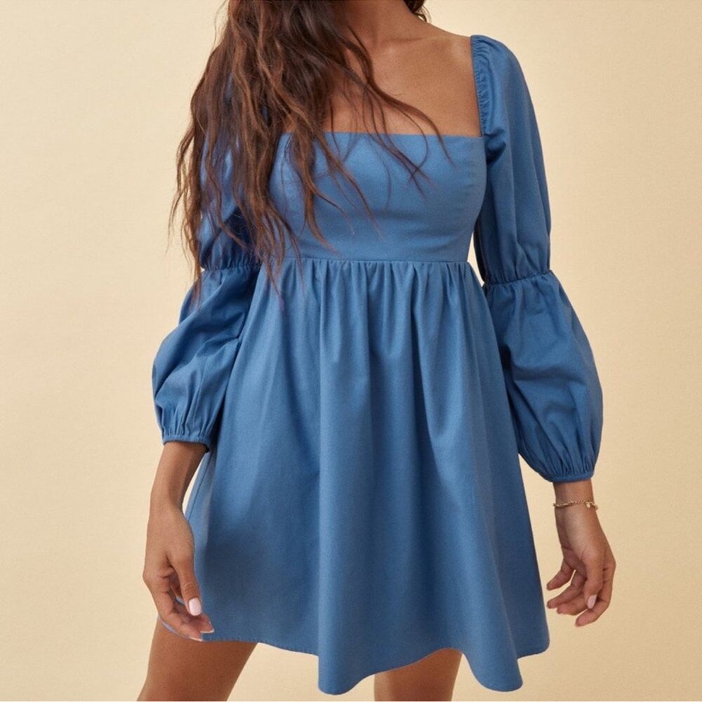 Reformation Michaela Square Neck Puff Sleeve Mini Dress Blue - Picture 4 of 12